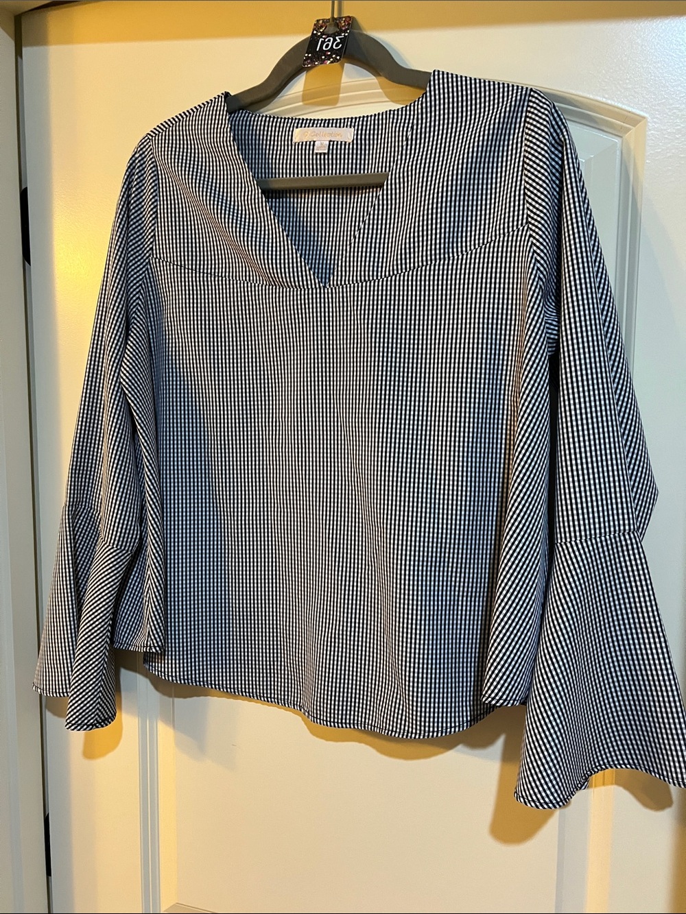 Gingham Bell-Sleeve Blouse in Black  and White H361